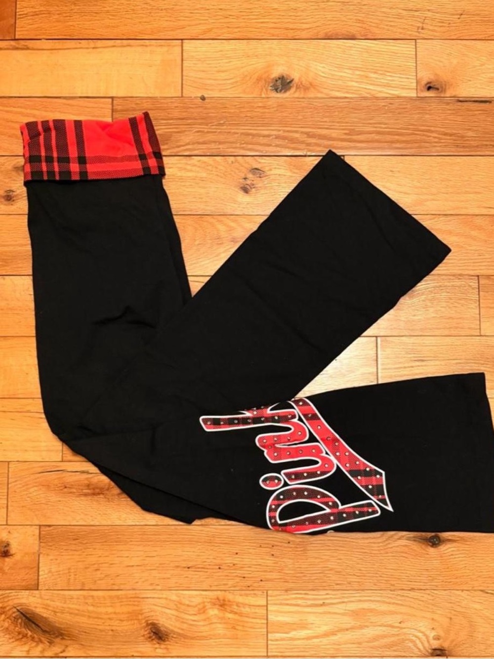 Victoria's Secret Black Leggings with Red Plaid Cuff and Red Graphic
